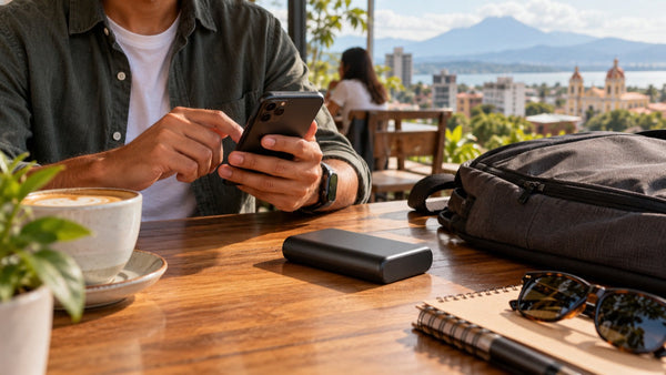 Persona con celular y batería portátil junto a una mochila