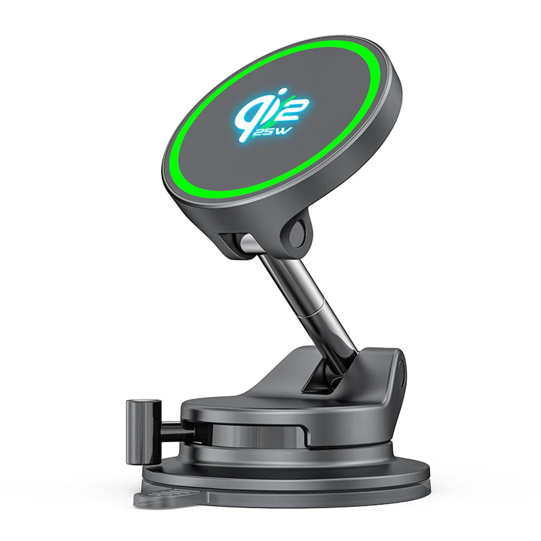 Vista limpia del cargador magnetico LISEN Qi2 25W con brazo ajustable y base de succion