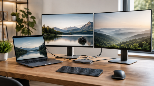 Laptop conectada a dos monitores con hub USB-C en escritorio moderno