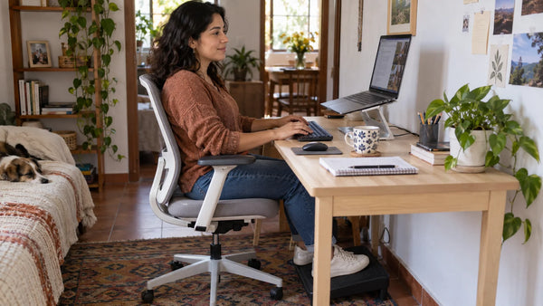 Persona trabajando con laptop elevada, teclado y mouse separados en un escritorio compacto.