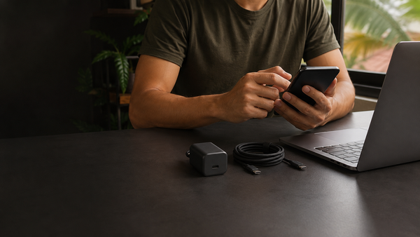 Persona revisando su teléfono junto a una laptop, un cargador y un cable USB-C.