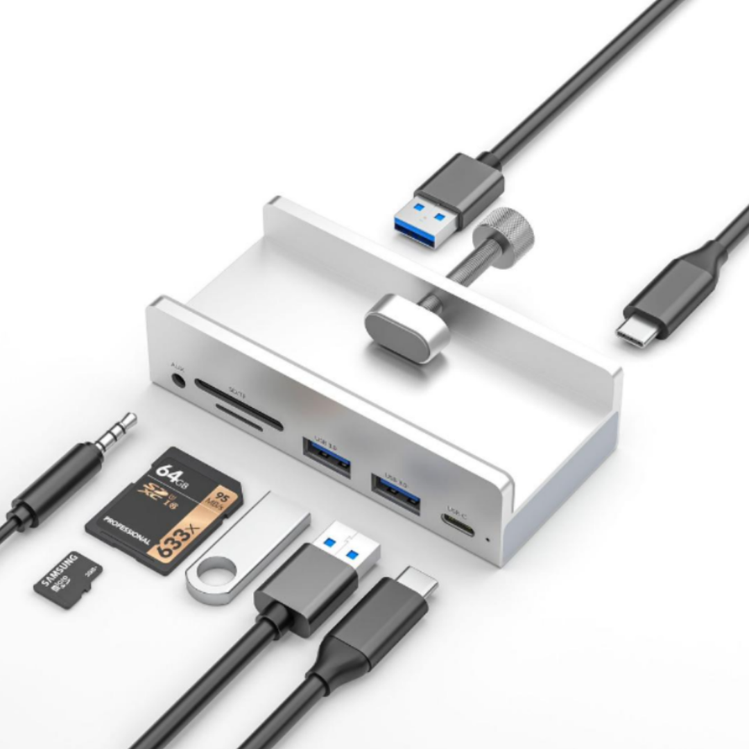 Simple Hub Hub USB 3.0 6 en 1 con Mordaza - Para Borde de Monitor o Escritorio ...