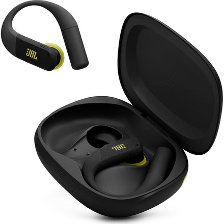 JBL Endurance Peak 4 negro lime con estuche de carga sobre fondo blanco