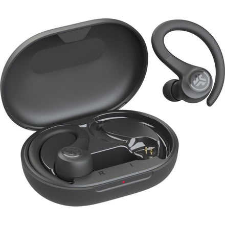 Auriculares JLab Go Sport+ grafito con estuche sobre fondo blanco