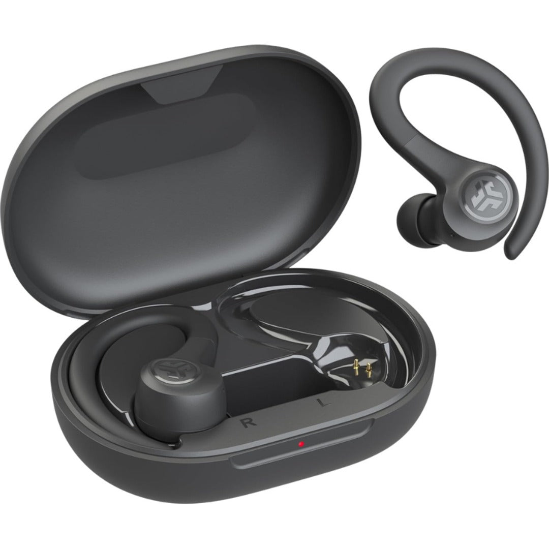Auriculares JLab Go Sport+ grafito con estuche sobre fondo blanco