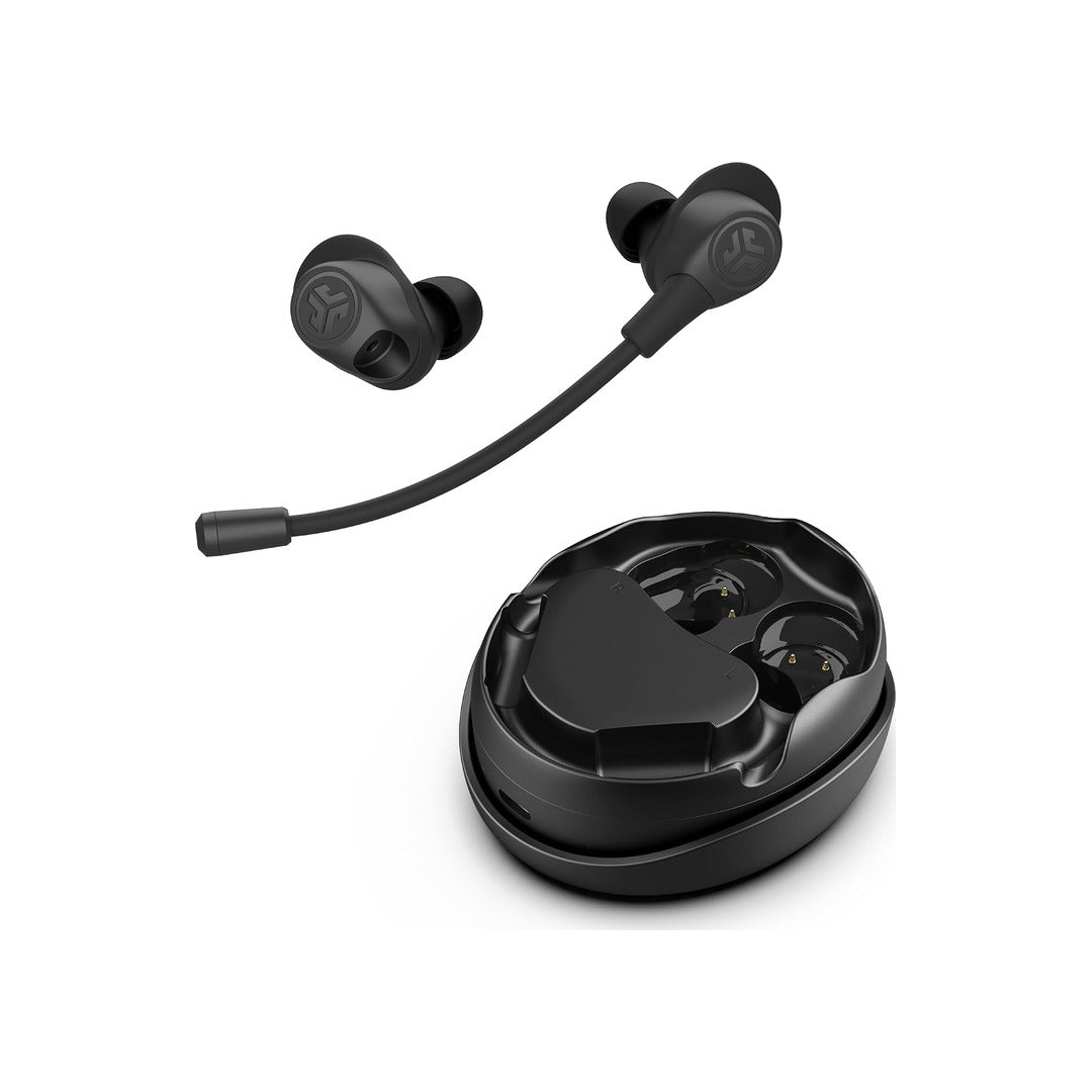 Auriculares JLab Work Buds con estuche y micrófono desmontable sobre fondo blanco
