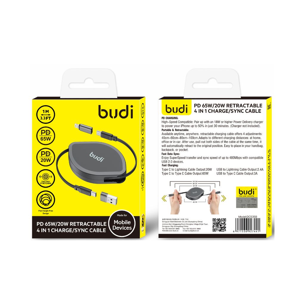 Budi 65W 4 In 1 Retractable USB to Type C Cable
